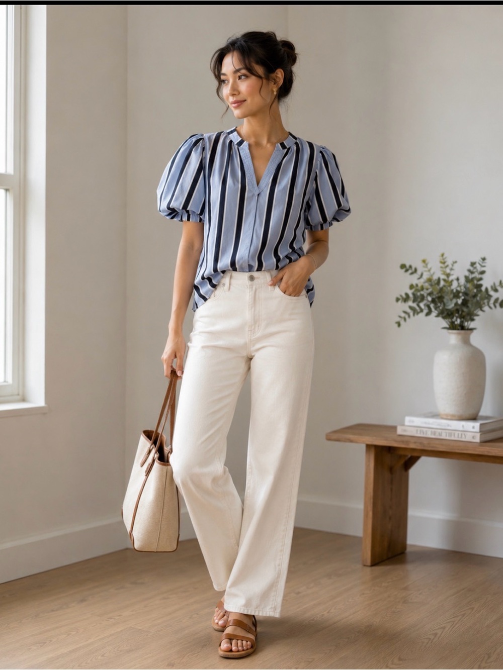 Vince Camuto Light Blue and Black Striped Puff-Sleeve V-Neck Blouse - Picture 5 of 5